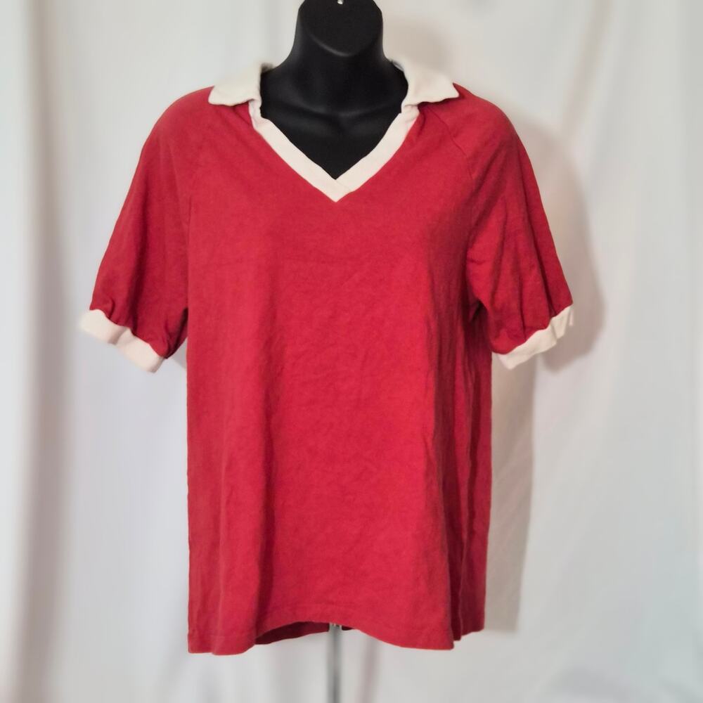 Truly Madly Deeply Retro V-Neck Polo Top Ringer Red White L